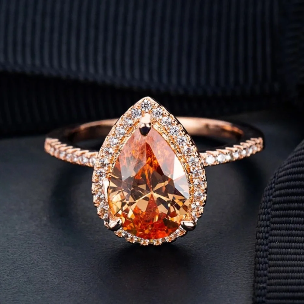 ROSE GOLD PLATED CHAMPAGNE CRYSTAL PEAR SHAPED RING - Picture 2 of 5